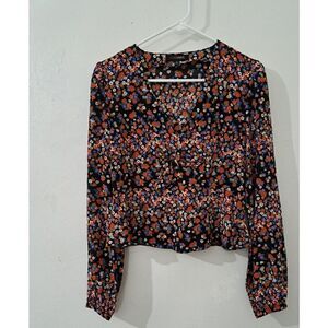 Intermix Womens Small 100% Silk Peplum Floral Top Longsleeve